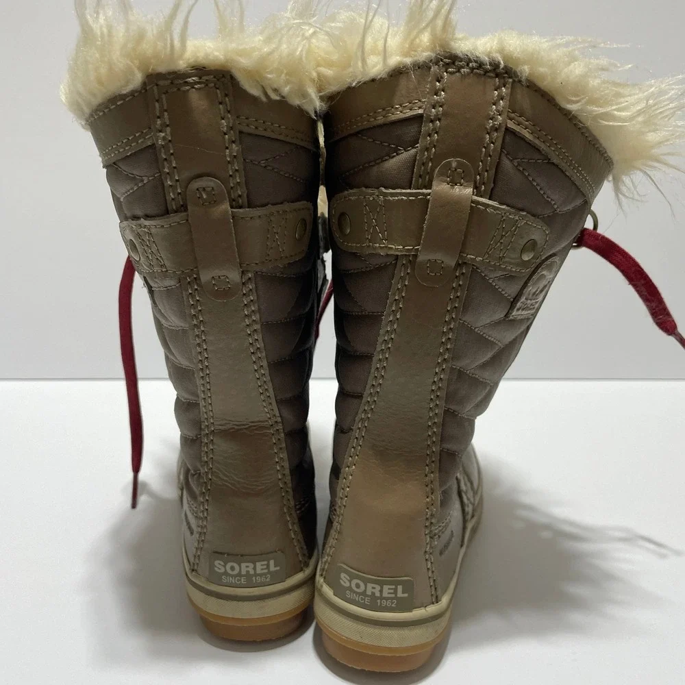 Sorel Tofino II Waterproof Winter Boots Tan Brown Red Laces Faux Fur Sz 1